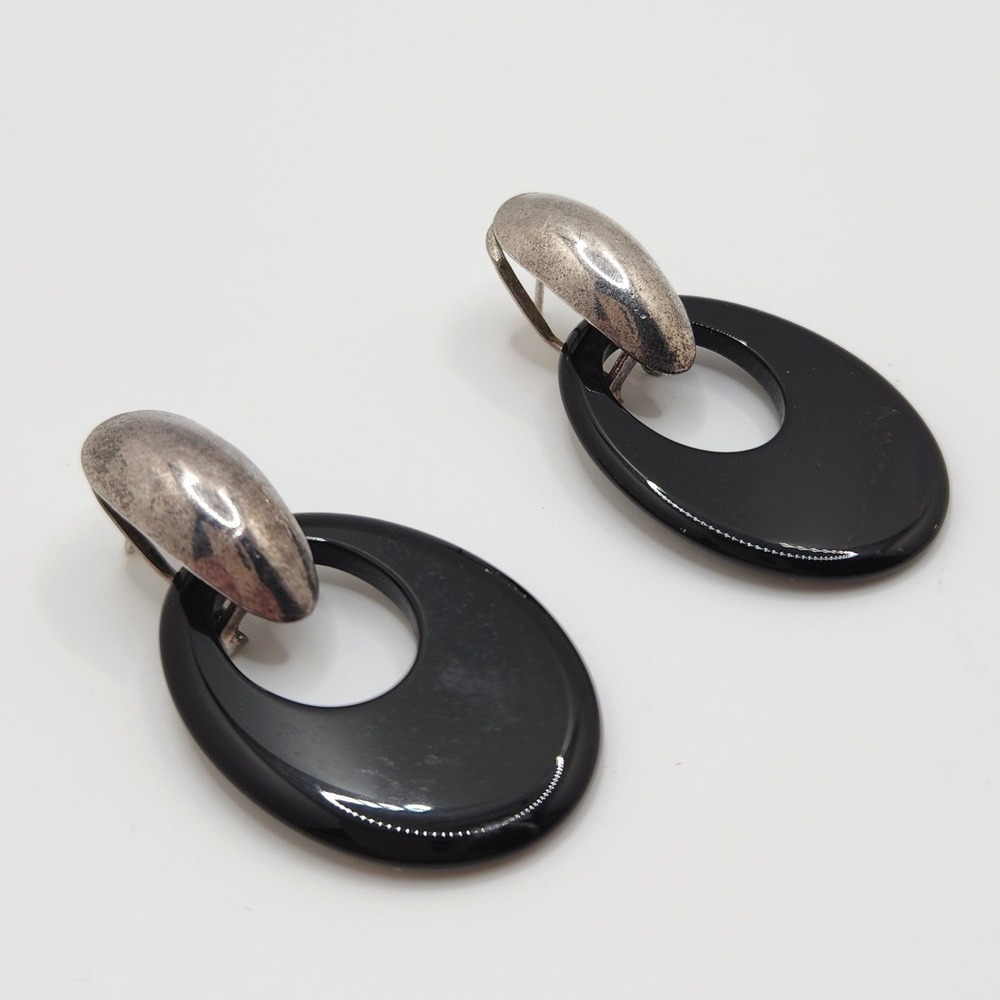 Vintage 925 Sterling Silver Black Onyx Door Knocker Omega Back Earrings Classic